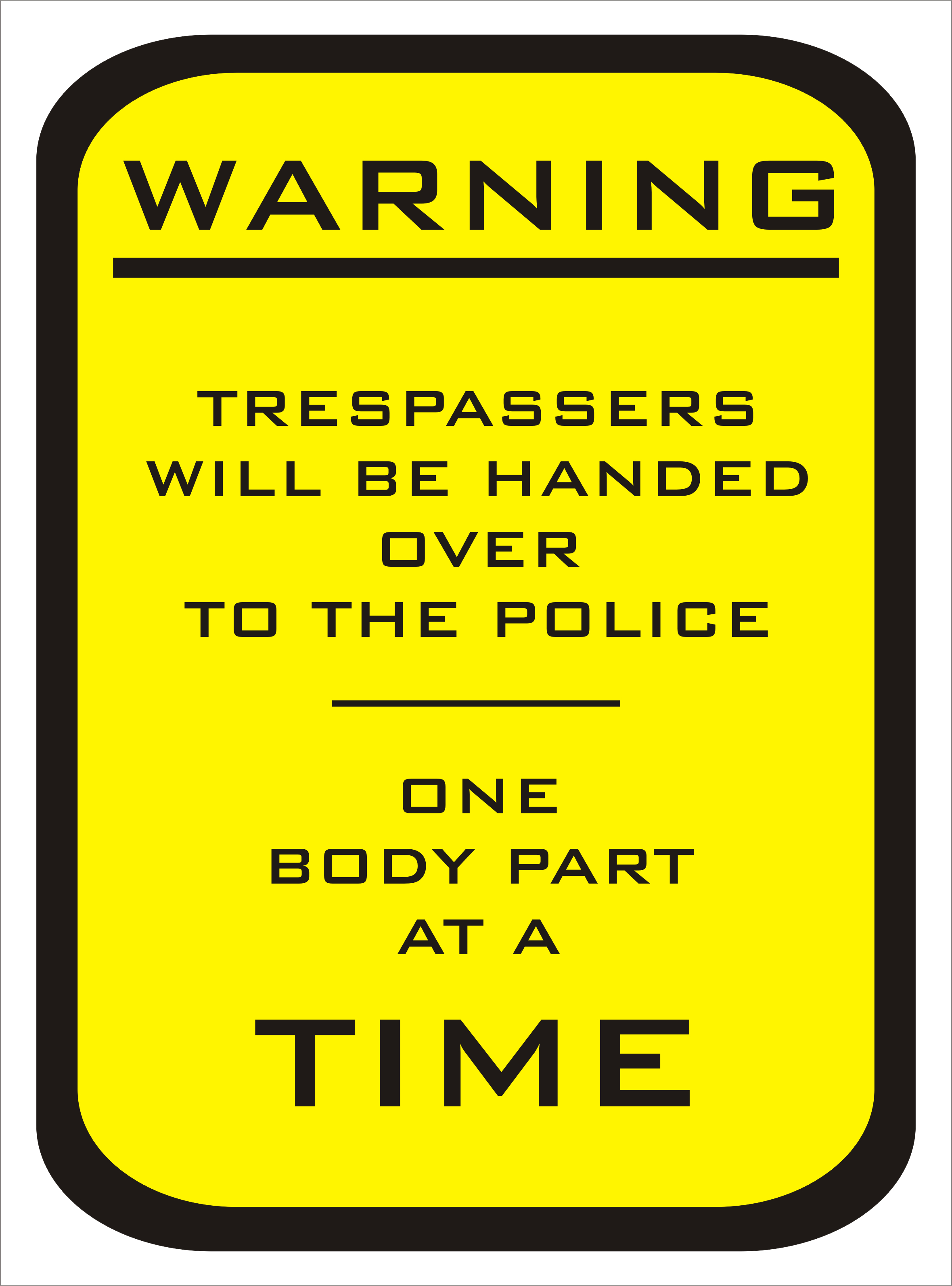 Warning Trespassers will be handed over to the police on body part at a time sign